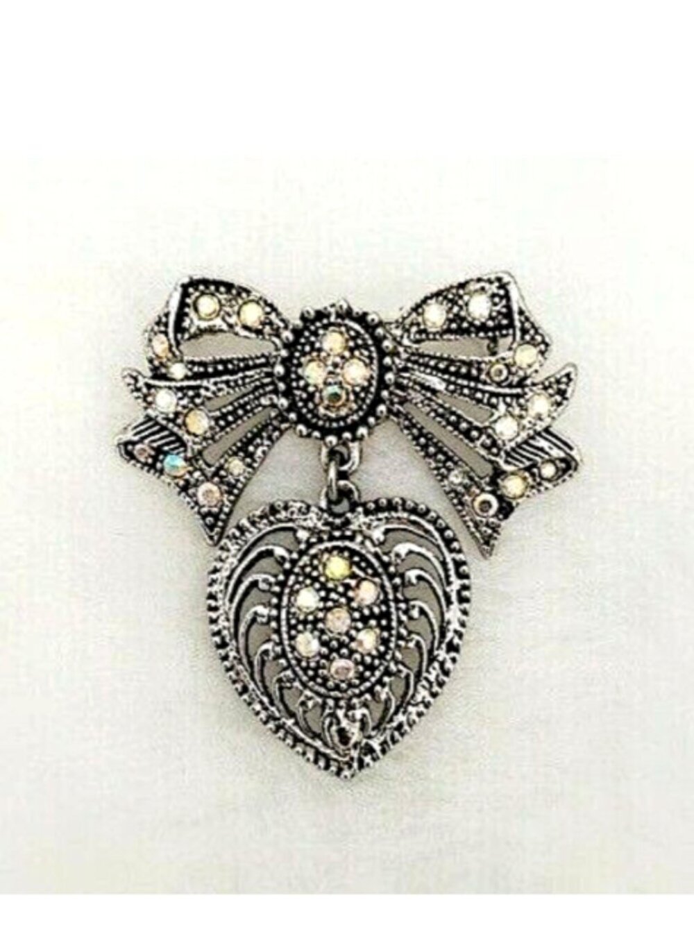 Victorian Style Pin Brooch Bow.Heart Crystal 1.8"